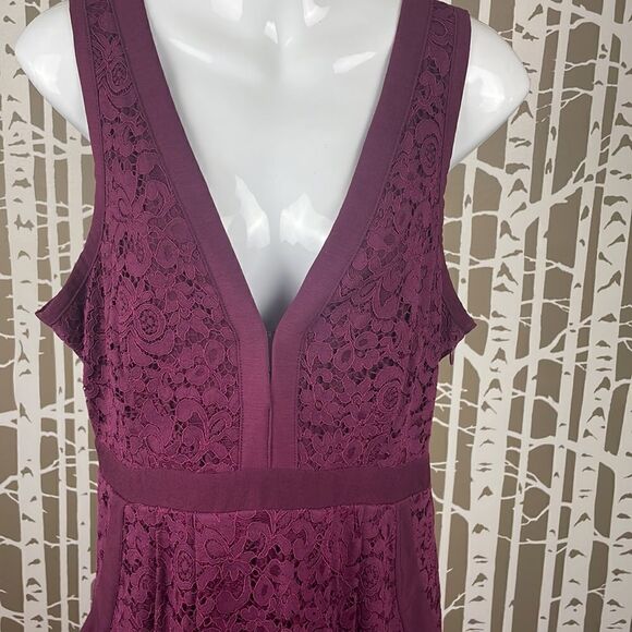 Free People Lace Fit & Flare Dress Cut Out Back Pockets Side Zip Plum sz M - Picture 2 of 16